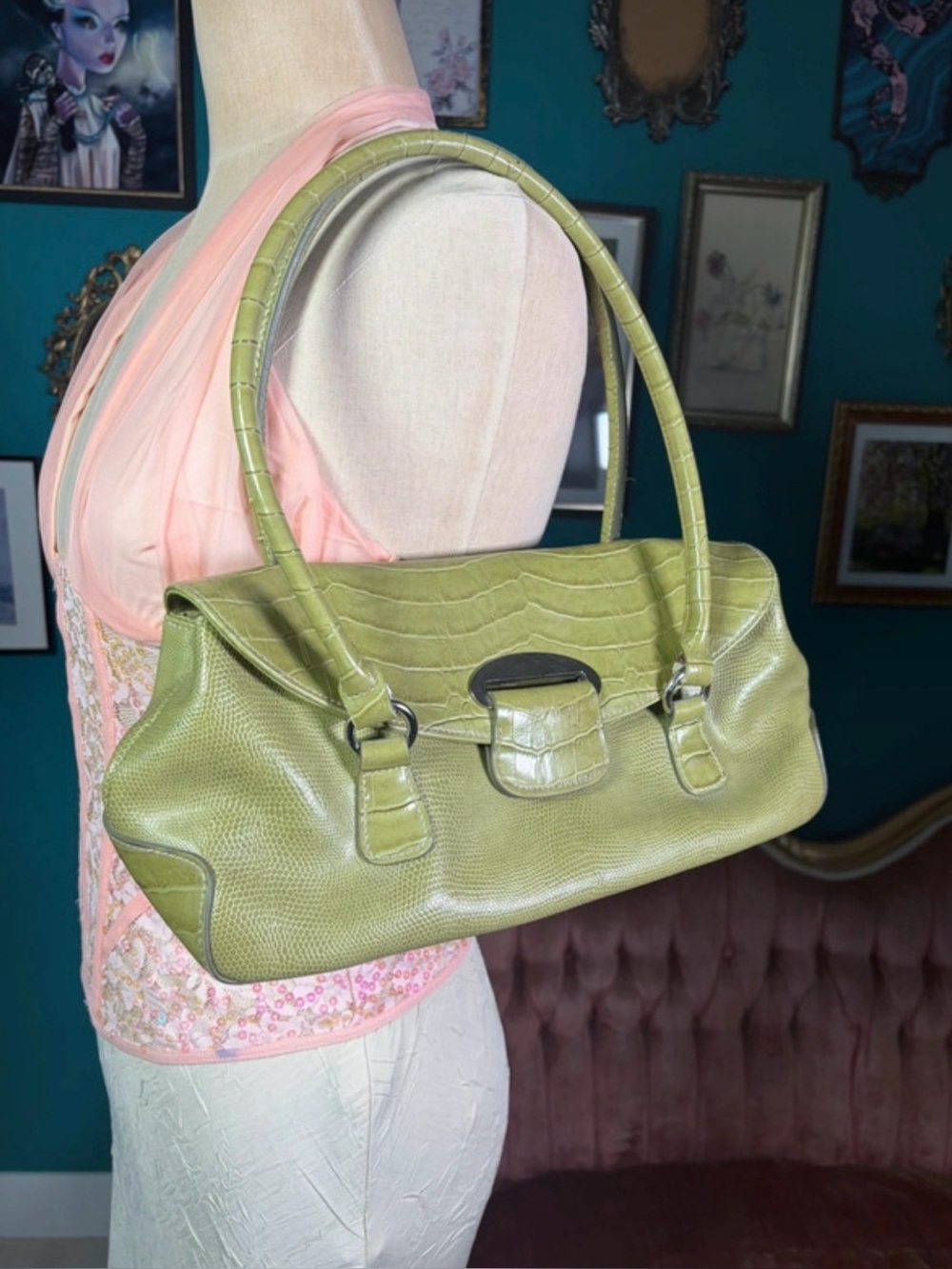 Worthington Olive Croc Embossed Y2K Shoulder Bag